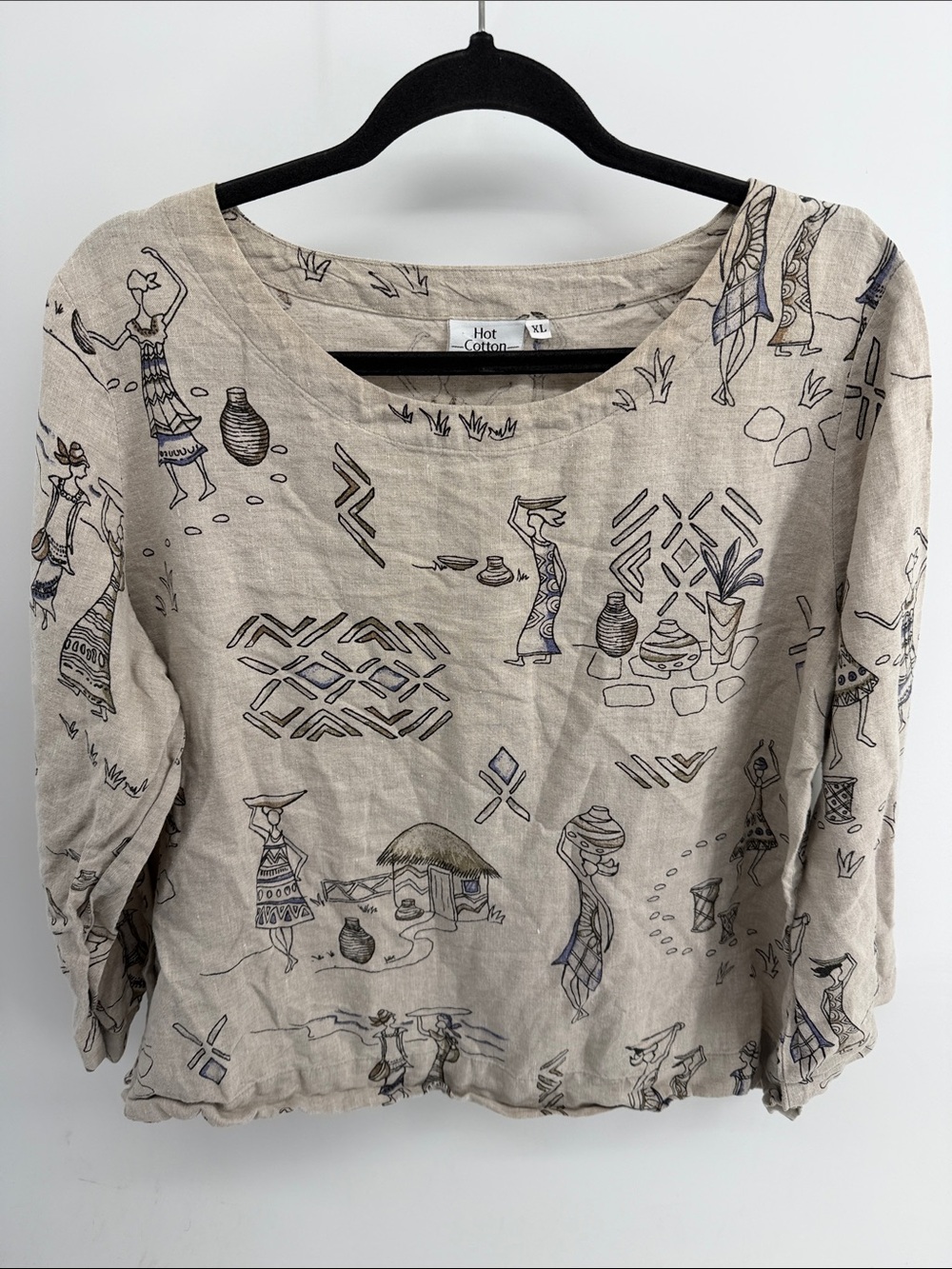 Hot Cotton 100% linen lagenlook wide neck printed long sleeve pullover top sz XL